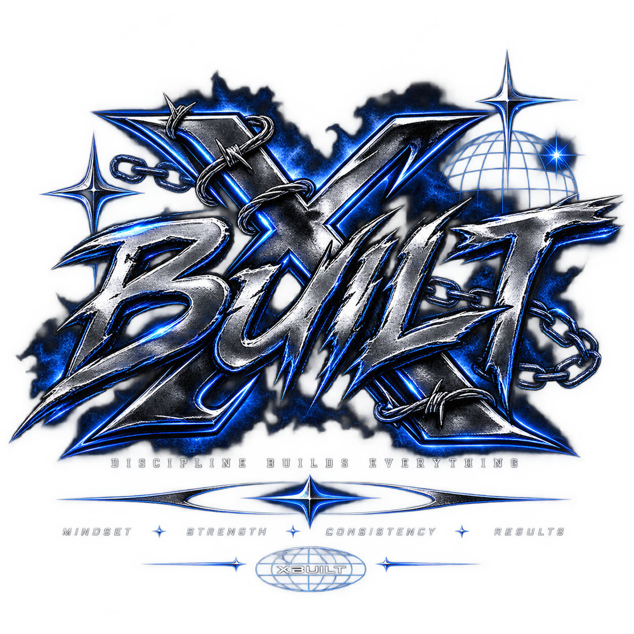 XBuilt logo: chrome lettering with blue lightning, chains and barbed wire
